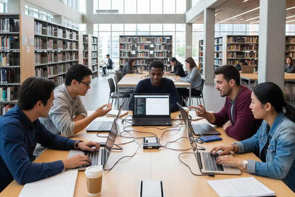 Students collaborating on laptops